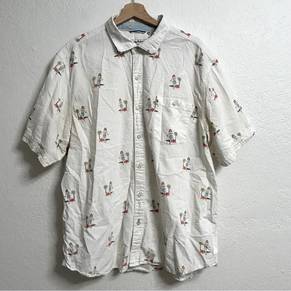 Tommy Bahama White Hula Dancer Pattern Hawaiian Shirt, Size XL